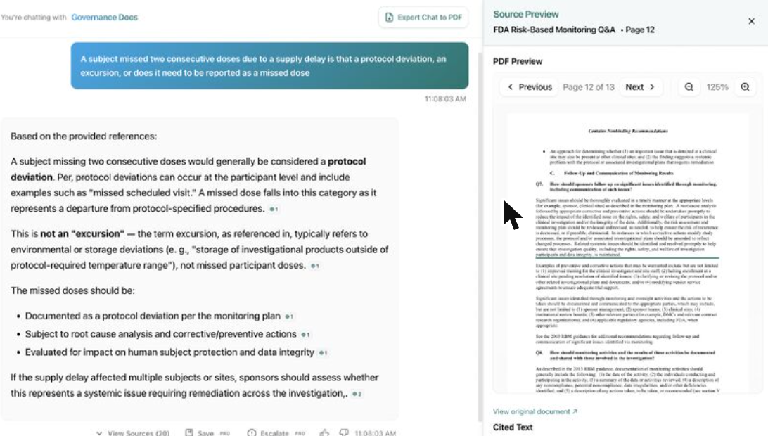 CRX chat interface answering a governance question, with cited source PDF preview